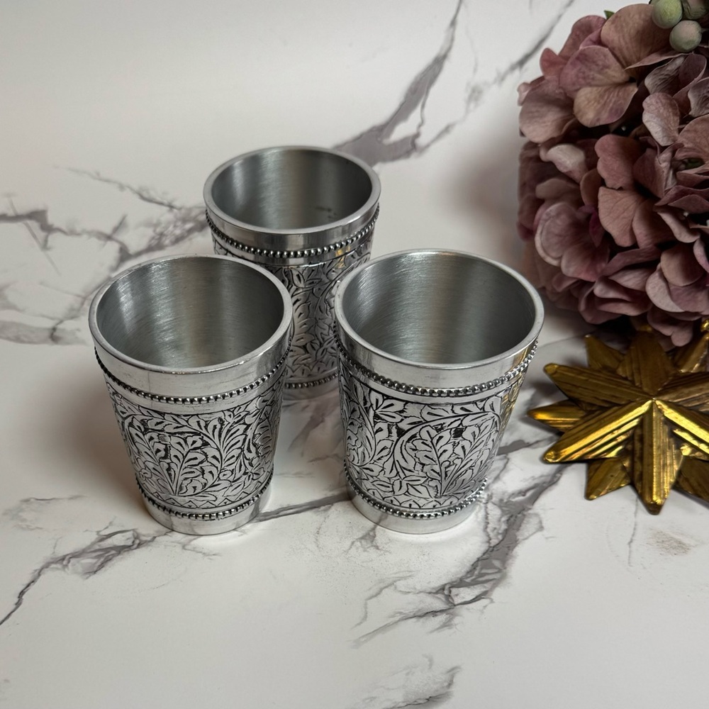 Pottery Barn Pewter Embossed Votive Candle Holders - vintage cottage core